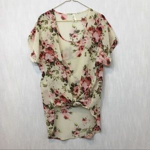 Sheer Floral Short Sleeve Ladies Top Large